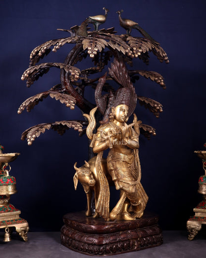 Brass Lord Krishna with Cow under Kalpavriksha – Large Statue 33" glossy copper and gold tone - Budhshiv.com