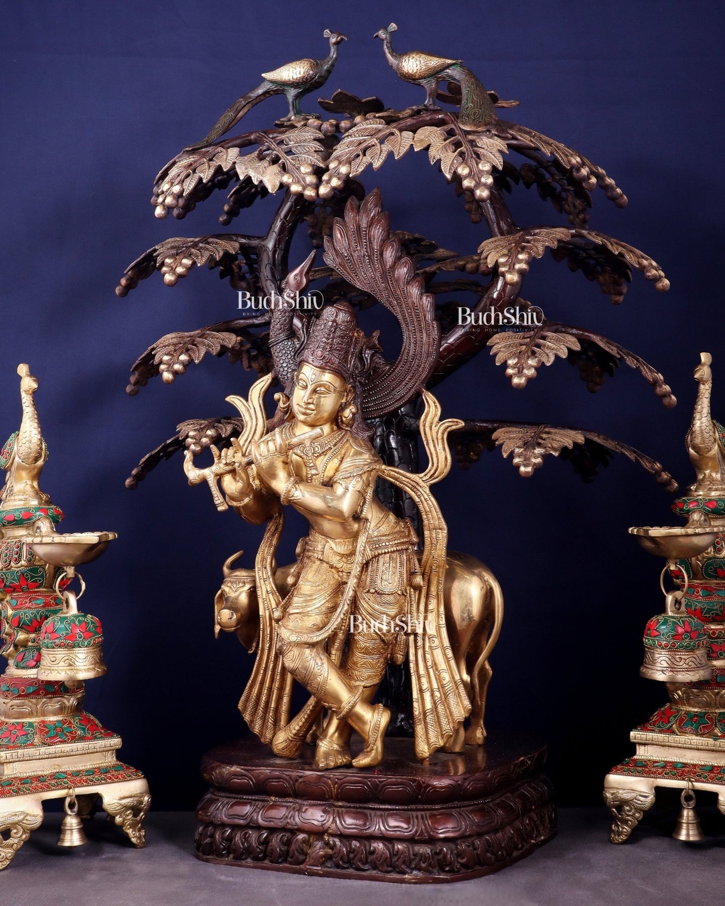 Brass Lord Krishna with Cow under Kalpavriksha – Large Statue 33" glossy copper and gold tone - Budhshiv.com