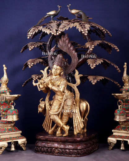Brass Lord Krishna with Cow under Kalpavriksha – Large Statue 33" glossy copper and gold tone - Budhshiv.com