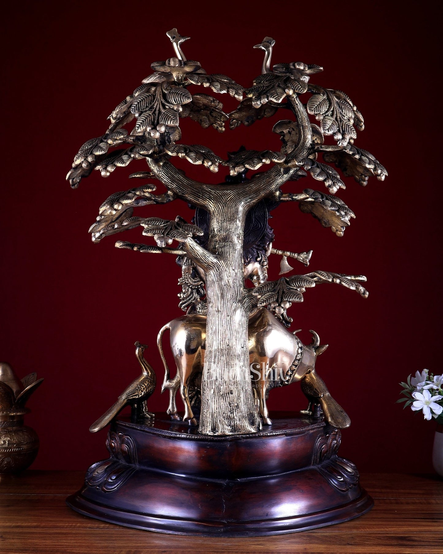 Brass Lord Krishna with Cow Under Large Tree Statue – Dual Tone 25 inch - Budhshiv.com