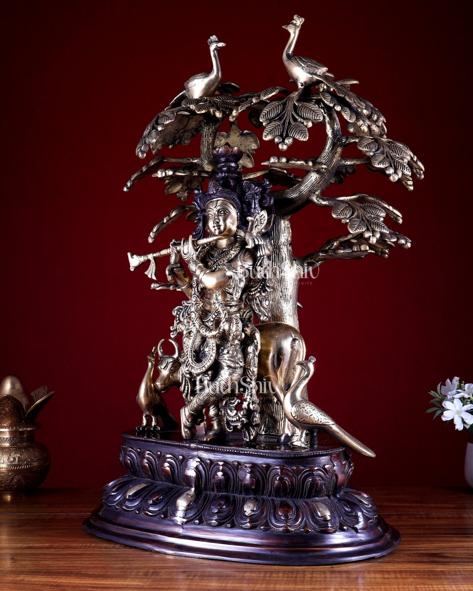 Brass Lord Krishna with Cow Under Large Tree Statue – Dual Tone 25 inch - Budhshiv.com