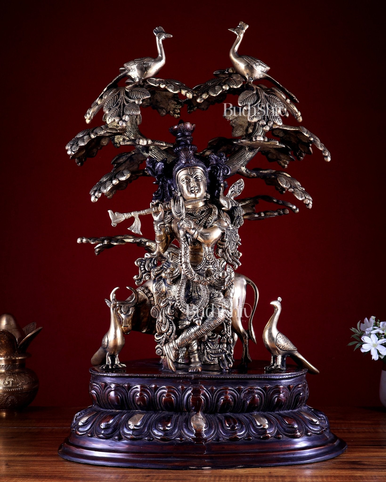 Brass Lord Krishna with Cow Under Large Tree Statue – Dual Tone 25 inch - Budhshiv.com