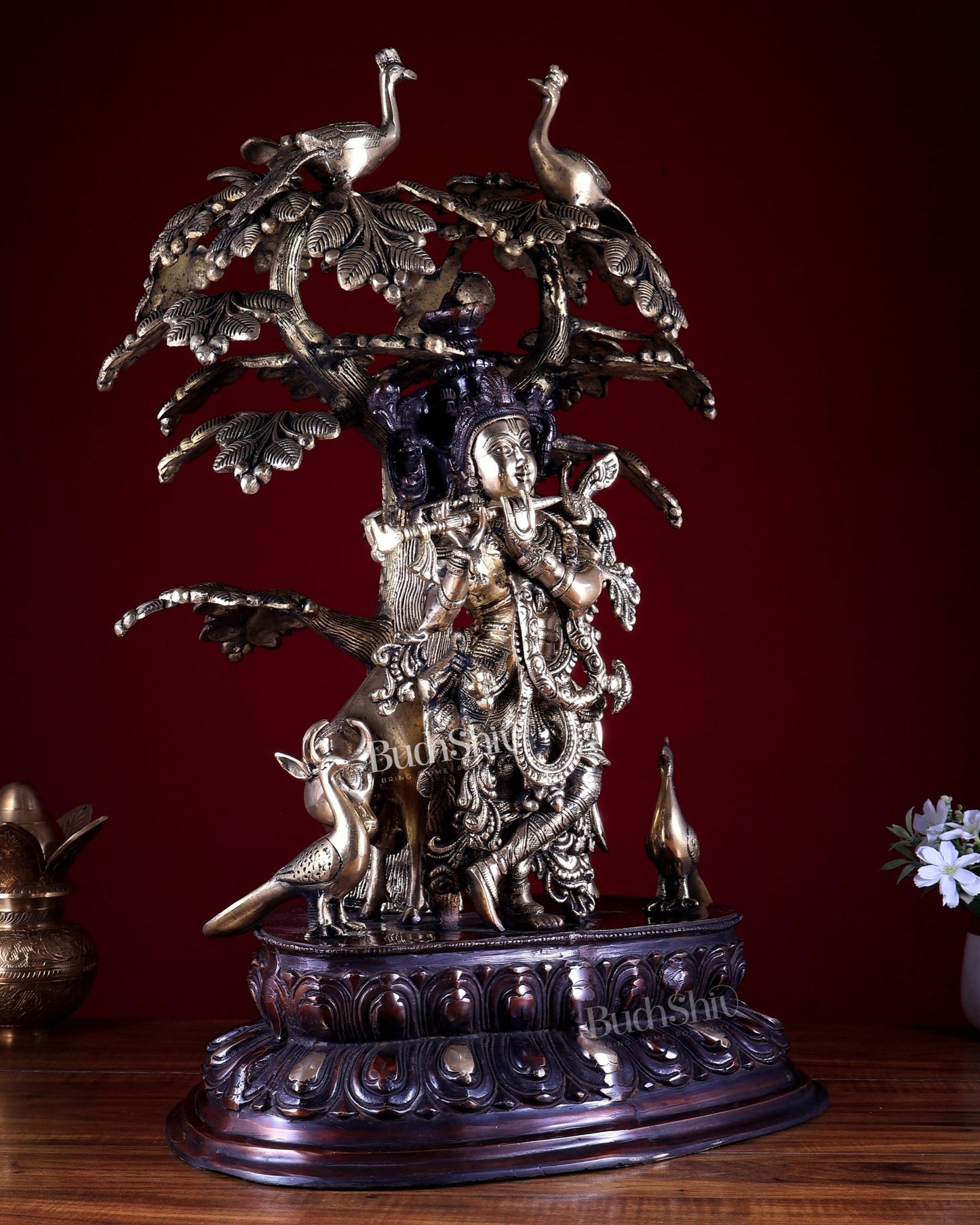 Brass Lord Krishna with Cow Under Large Tree Statue – Dual Tone 25 inch - Budhshiv.com