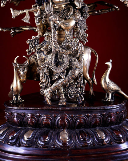 Brass Lord Krishna with Cow Under Large Tree Statue – Dual Tone 25 inch - Budhshiv.com