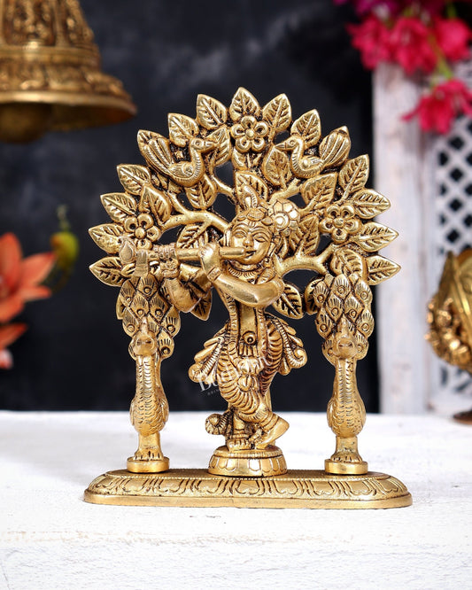 Brass Lord Krishna with Kalpavriksha and Two Peacocks Idol 5 inch - Budhshiv.com