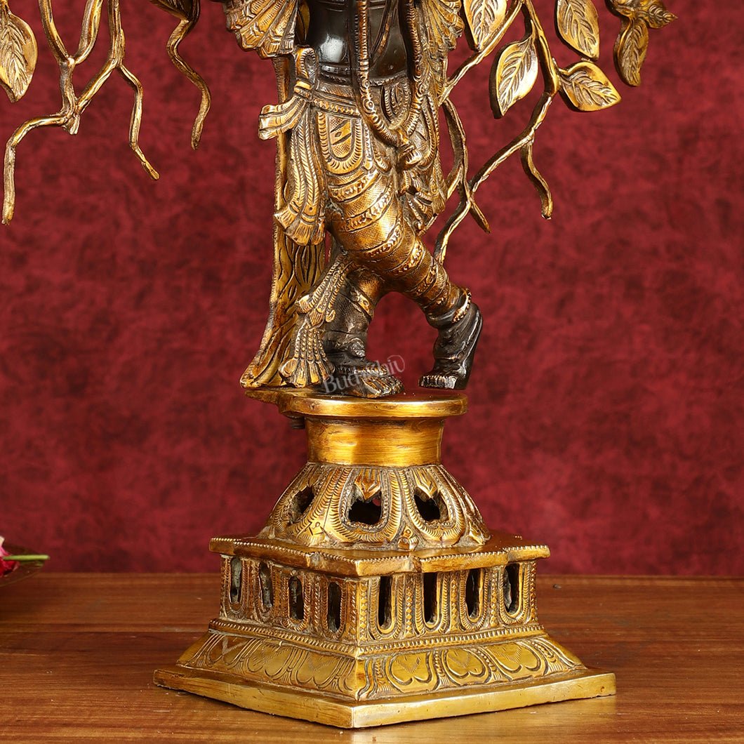 Brass Lord Krishna with Kalpavriksha tree black statue 21 inch - Budhshiv.com