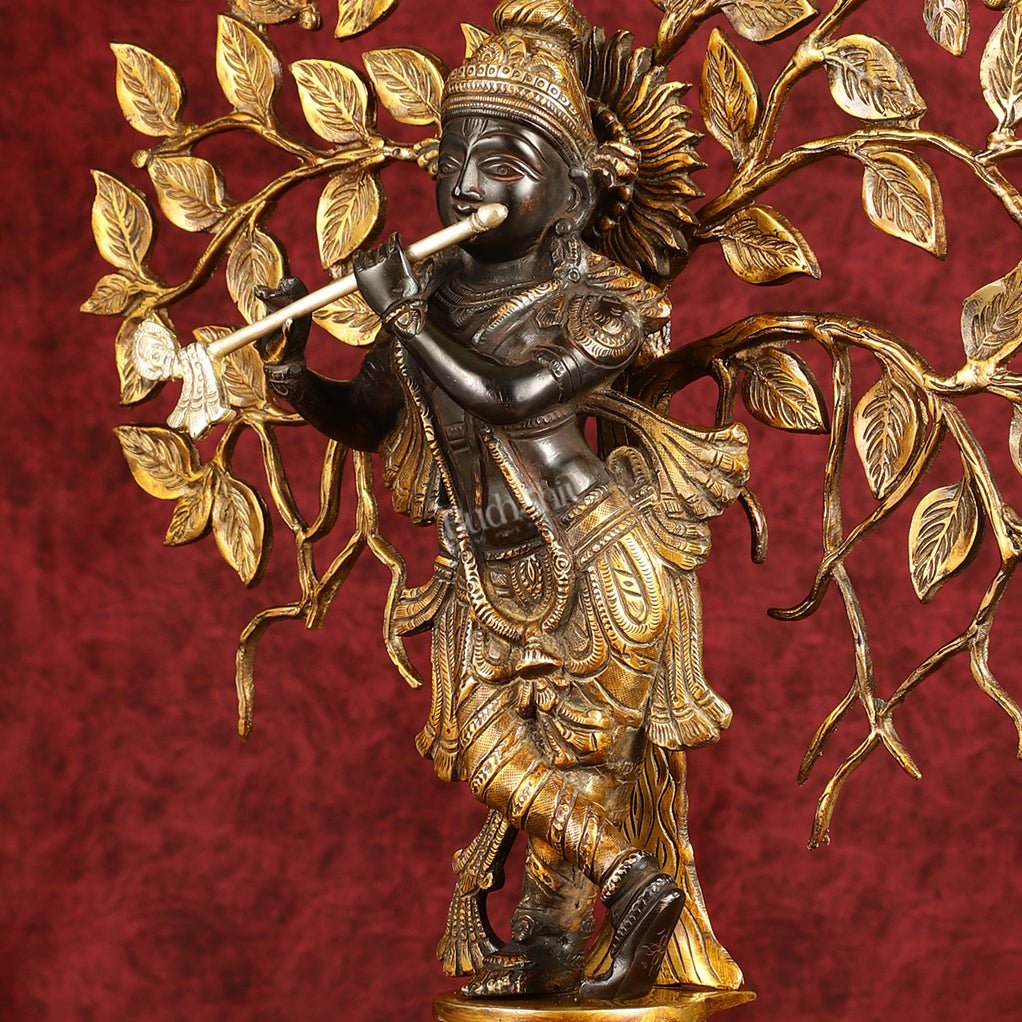 Brass Lord Krishna with Kalpavriksha tree black statue 21 inch - Budhshiv.com