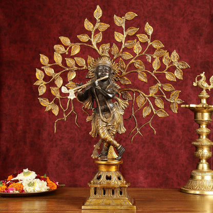 Brass Lord Krishna with Kalpavriksha tree black statue 21 inch - Budhshiv.com