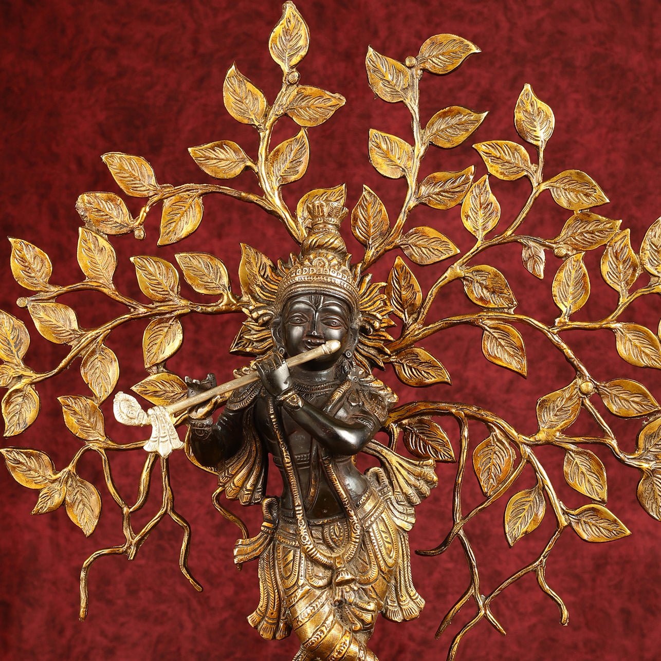 Brass Lord Krishna with Kalpavriksha tree black statue 21 inch - Budhshiv.com