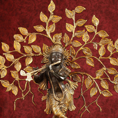 Brass Lord Krishna with Kalpavriksha tree black statue 21 inch - Budhshiv.com