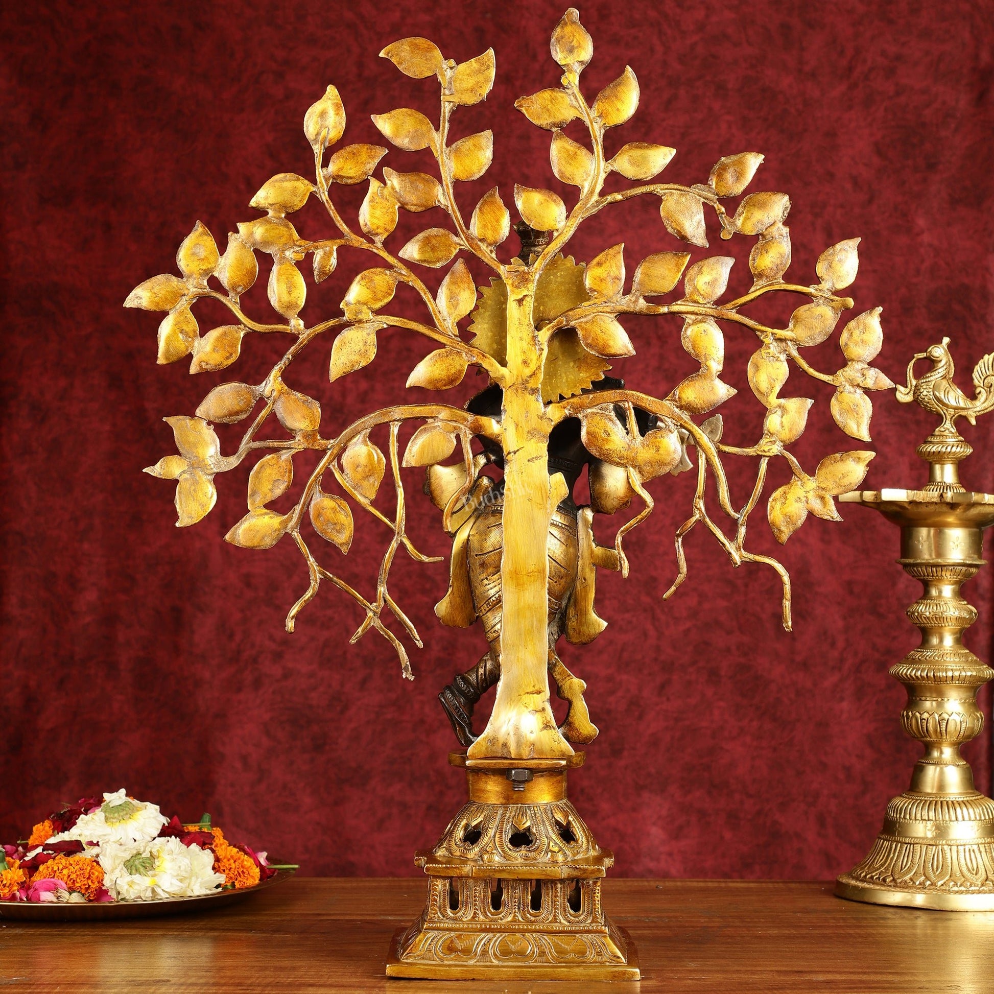Brass Lord Krishna with Kalpavriksha tree black statue 21 inch - Budhshiv.com