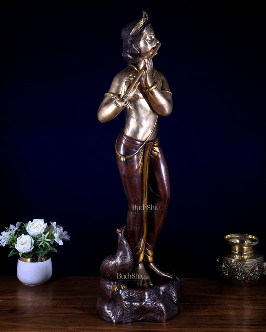 Brass Lord Krishna with peacock simple and sleek Idol 29 inch - Budhshiv.com