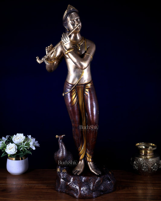Brass Lord Krishna with peacock simple and sleek Idol 29 inch - Budhshiv.com