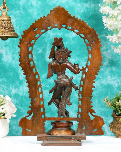 Brass Lord Krishna with Prabhavali aureole idol Double chola tone 18 inch - Budhshiv.com