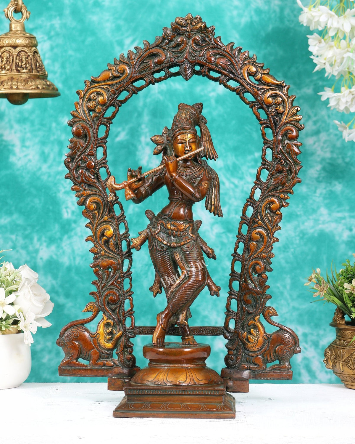 Brass Lord Krishna with Prabhavali aureole idol Double chola tone 18 inch - Budhshiv.com