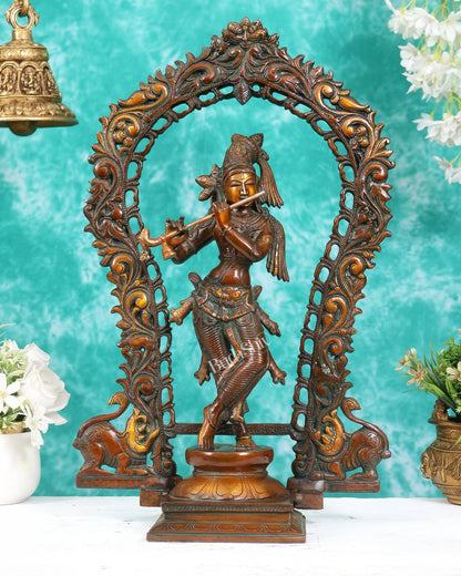 Brass Lord Krishna with Prabhavali aureole idol Double chola tone 18 inch - Budhshiv.com