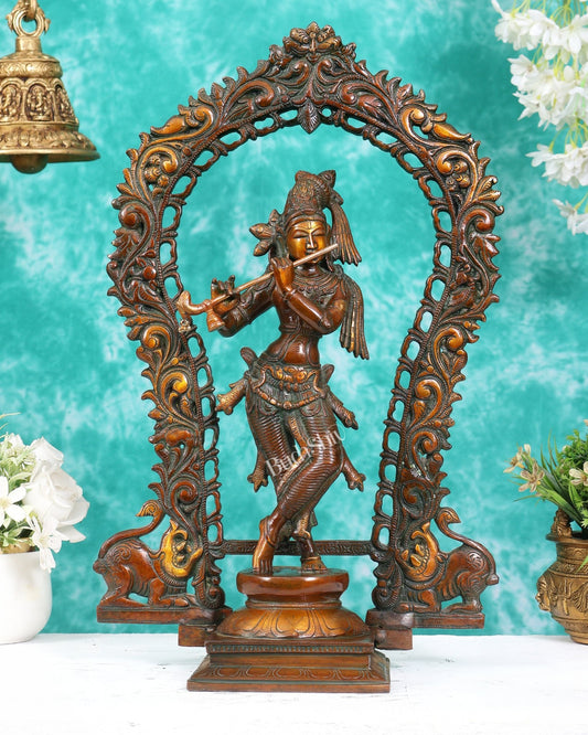 Brass Lord Krishna with Prabhavali aureole idol Double chola tone 18 inch - Budhshiv.com