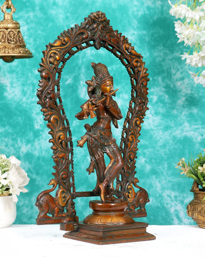 Brass Lord Krishna with Prabhavali aureole idol Double chola tone 18 inch - Budhshiv.com
