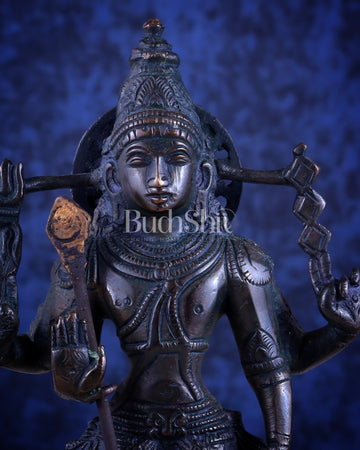 Brass Lord Murugan Standing with Peacock Idol – Vintage Bronze Tone, 8" - Budhshiv.com