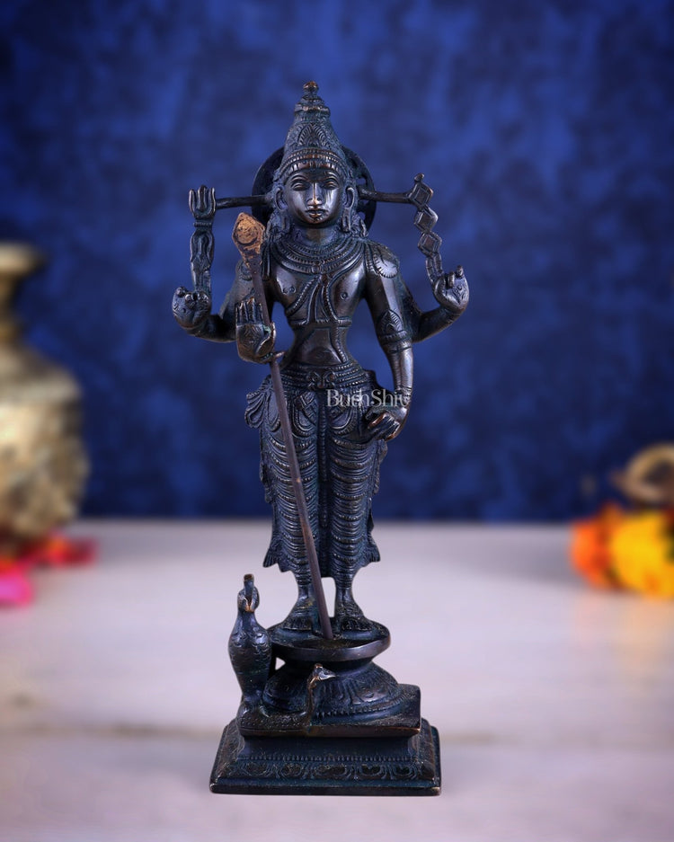 Brass Lord Murugan Standing with Peacock Idol – Vintage Bronze Tone, 8" - Budhshiv.com