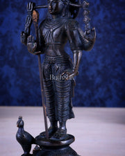 Brass Lord Murugan Standing with Peacock Idol – Vintage Bronze Tone, 8" - Budhshiv.com