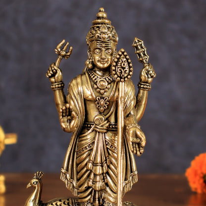 Brass Lord Murugan Swamy Kartikeya Intricate Idol - 6 Inch - Budhshiv.com