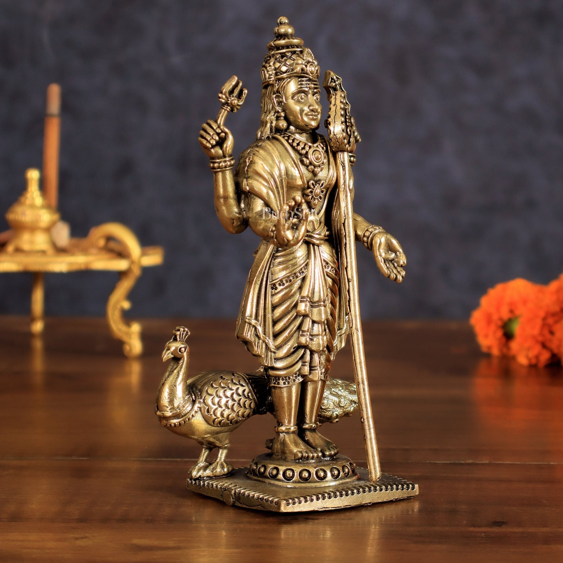 Brass Lord Murugan Swamy Kartikeya Intricate Idol - 6 Inch - Budhshiv.com