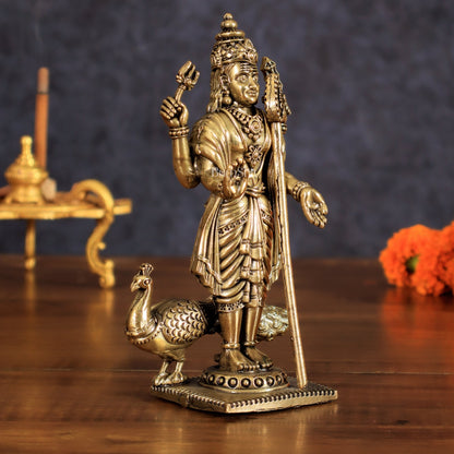 Brass Lord Murugan Swamy Kartikeya Intricate Idol - 6 Inch - Budhshiv.com