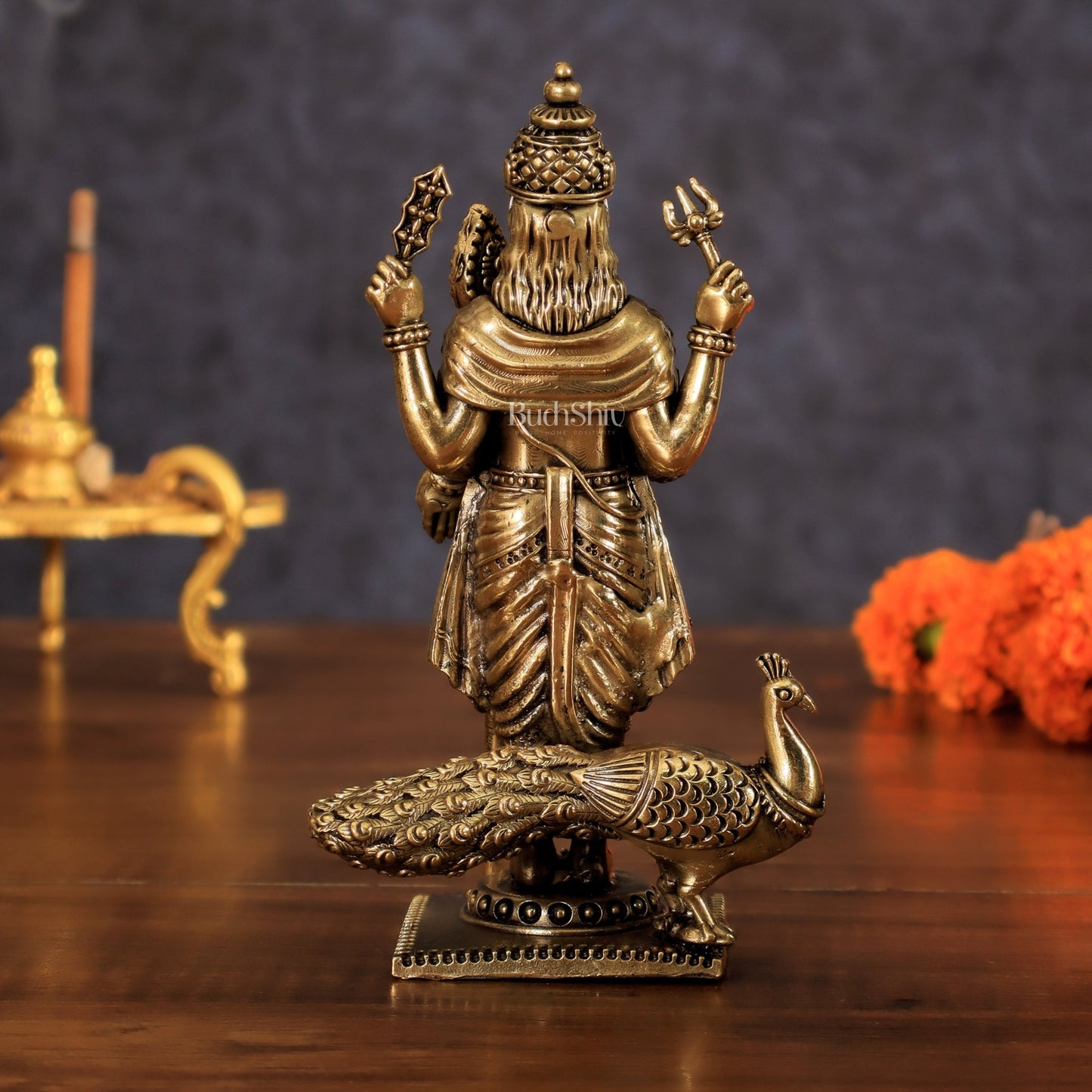 Brass Lord Murugan Swamy Kartikeya Intricate Idol - 6 Inch - Budhshiv.com