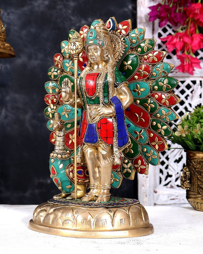 Brass Lord Murugan with Open-Wing Peacock Statue – Handcrafted Divine Idol 9.5 inch with Stonework - Budhshiv.com