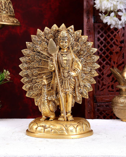 Brass Lord Murugan with Open-Wing Peacock Statue – Handcrafted Divine Idol 9.5 inch - Budhshiv.com