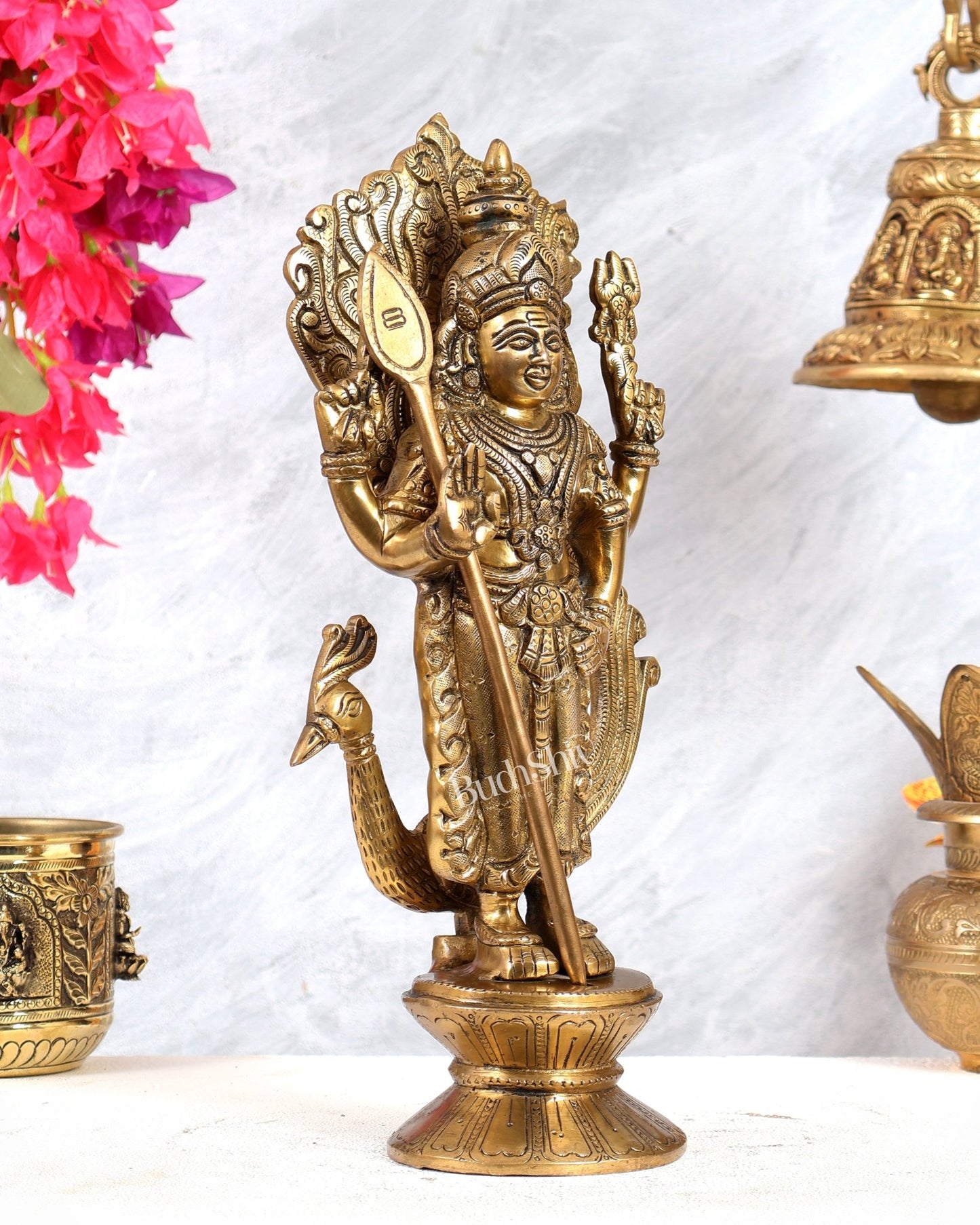 Brass Lord Murugan with Peacock Idol | Height: 14 inch - Budhshiv.com