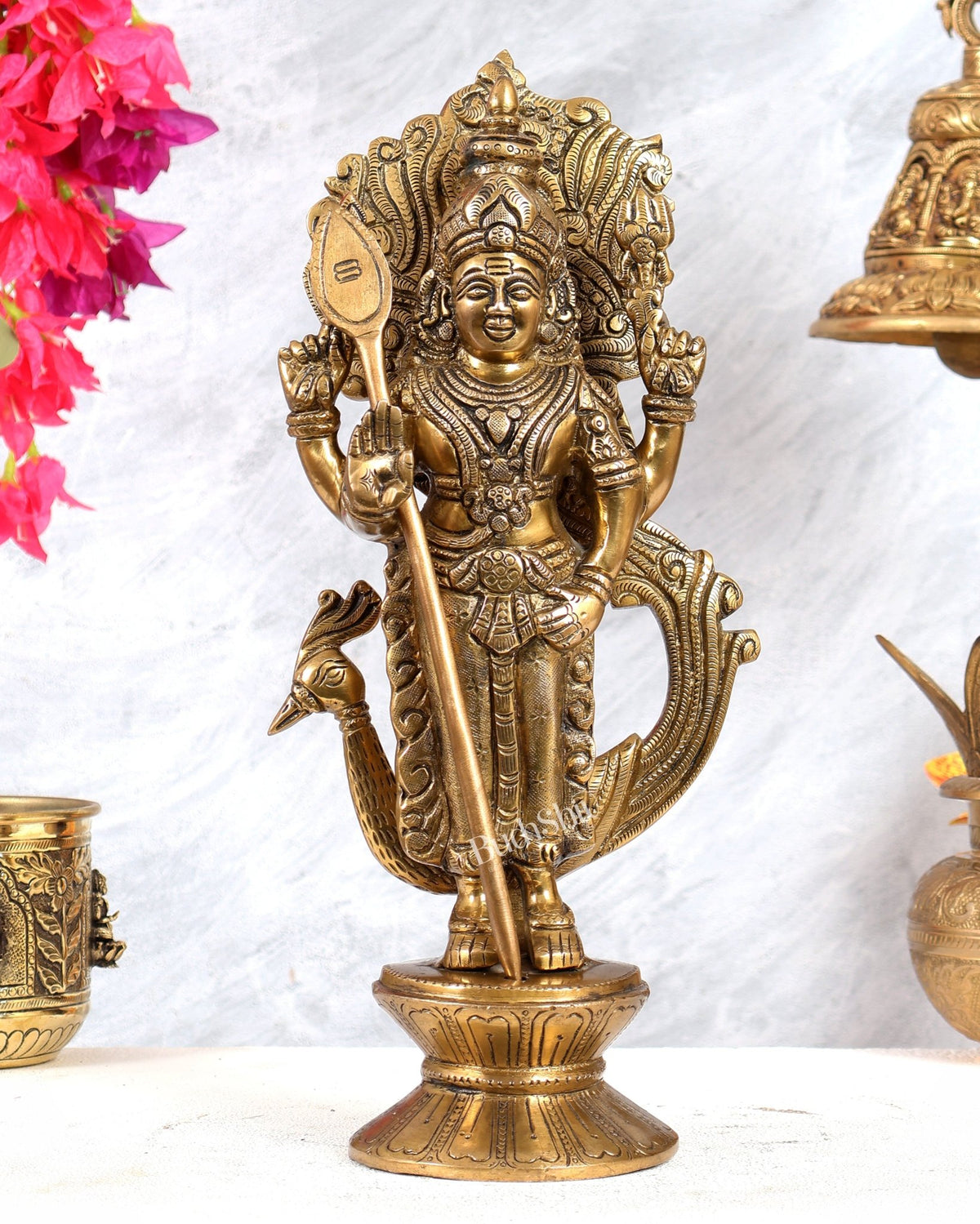 Brass Lord Murugan with Peacock Idol | Height: 14 inch - Budhshiv.com