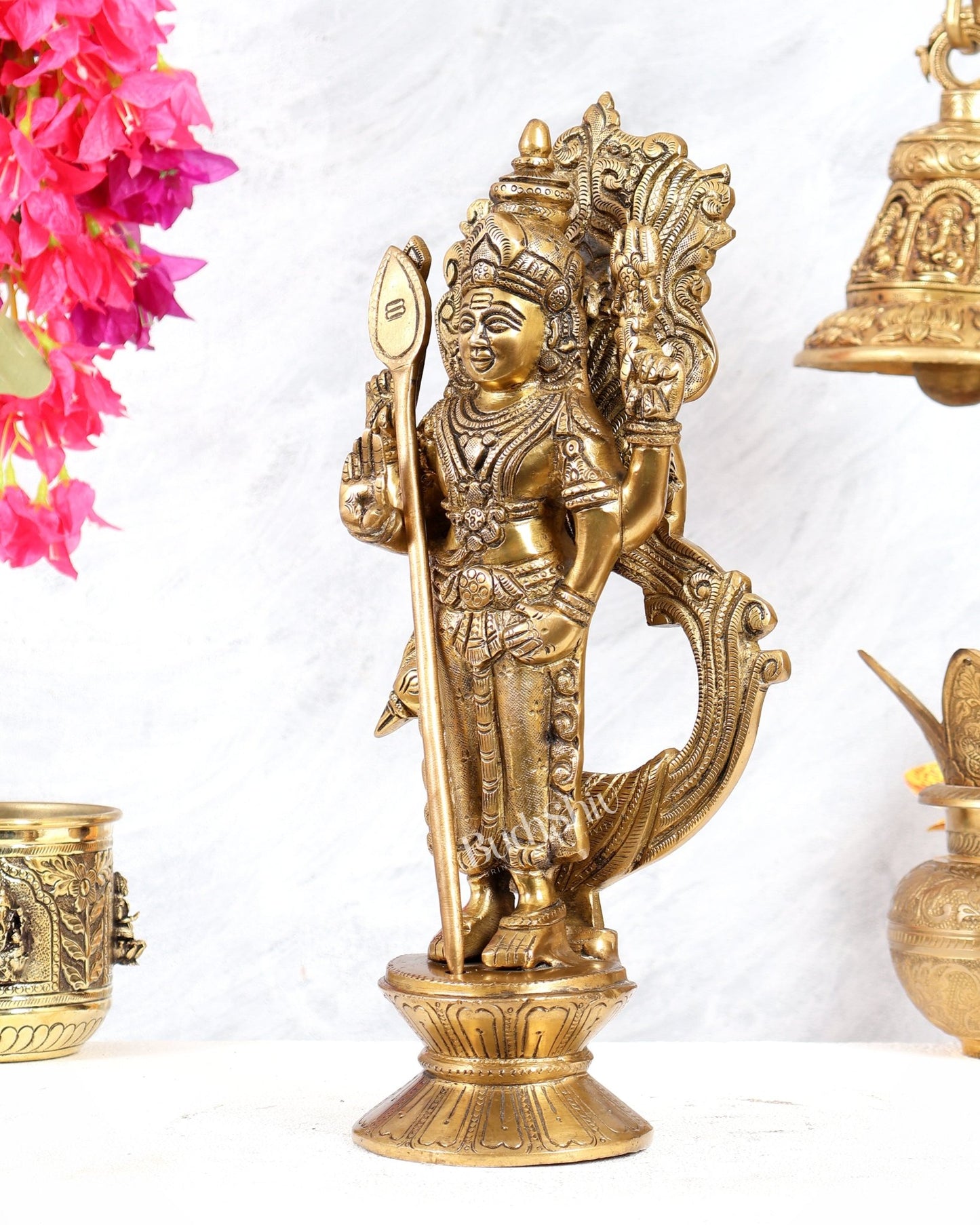 Brass Lord Murugan with Peacock Idol | Height: 14 inch - Budhshiv.com