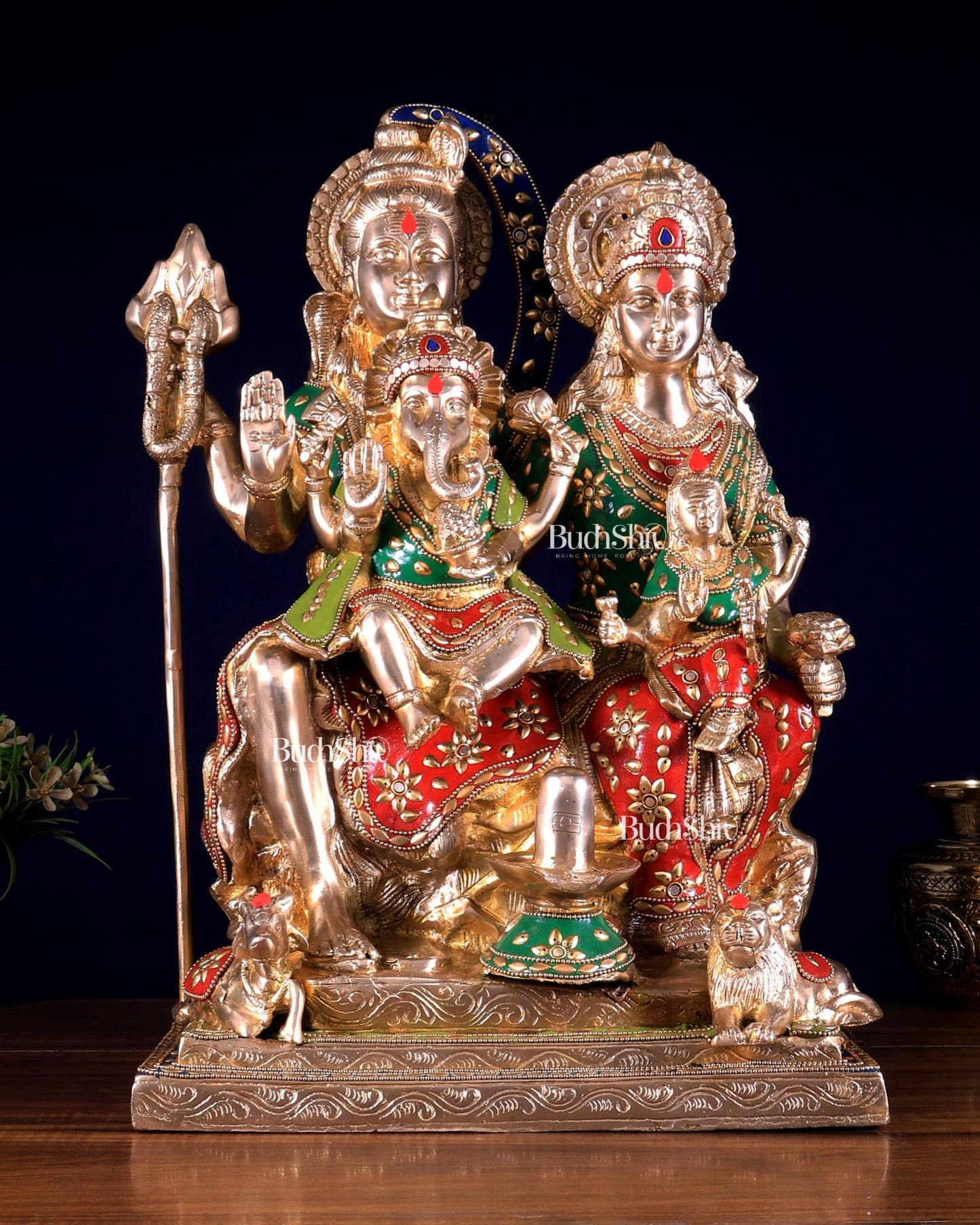 Brass Lord Shiv parivar Family Statue - Meenakari | 18" Height - Budhshiv.com