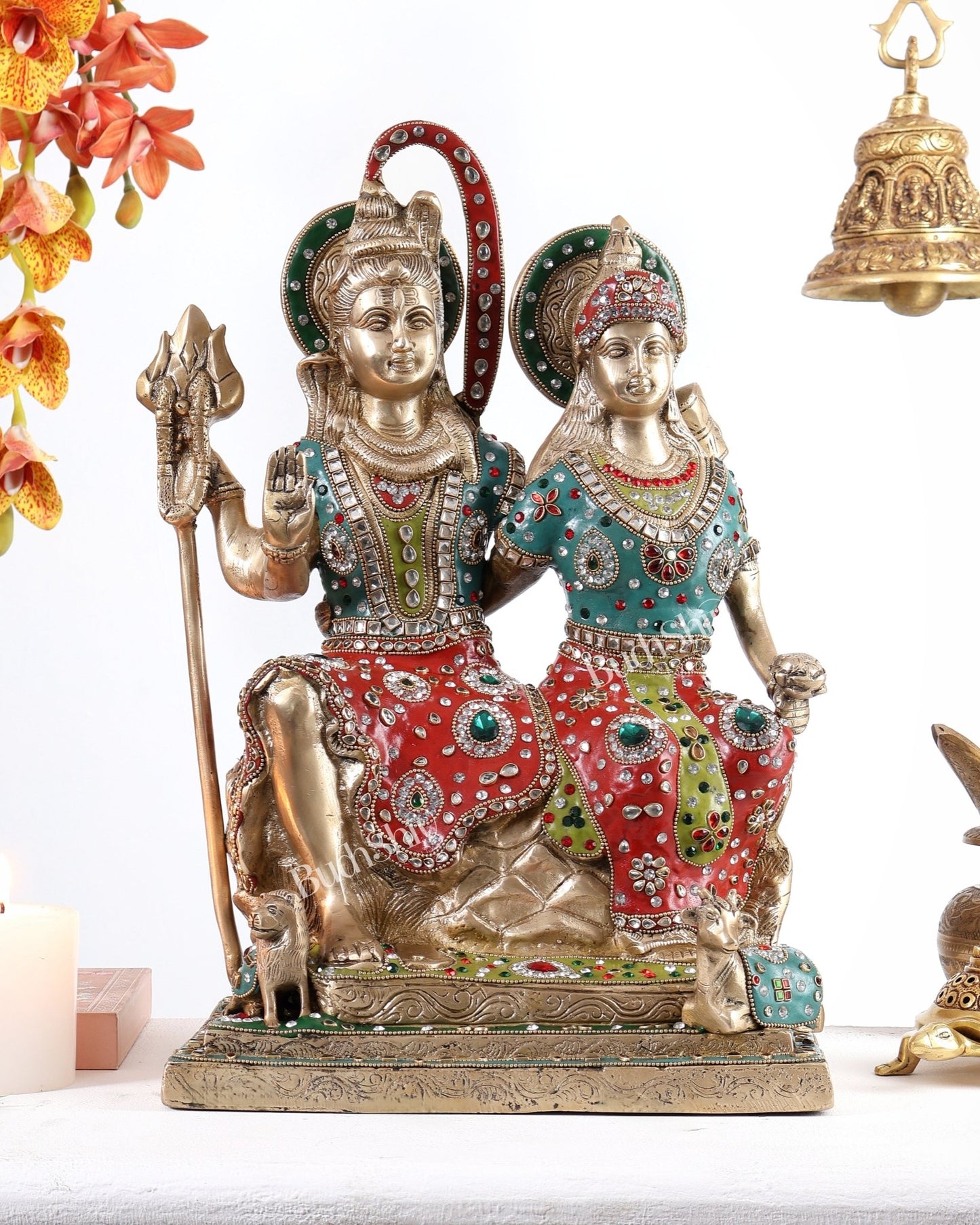 Brass Lord Shiv parvati with meenakari idol | 18 inch - Budhshiv.com