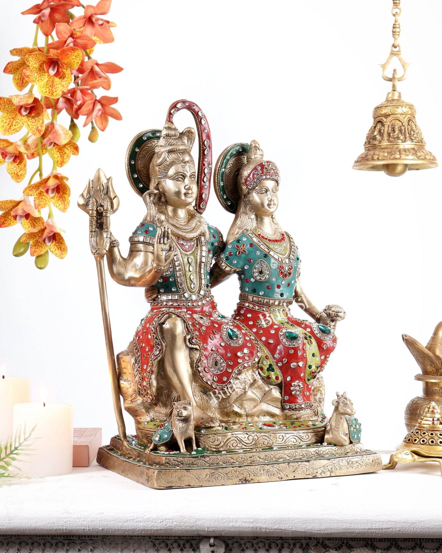Brass Lord Shiv parvati with meenakari idol | 18 inch - Budhshiv.com