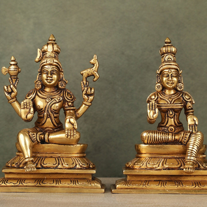Brass Lord Shiva and Goddess Parvati Sitting Idols - 6.5 inch - Budhshiv.com