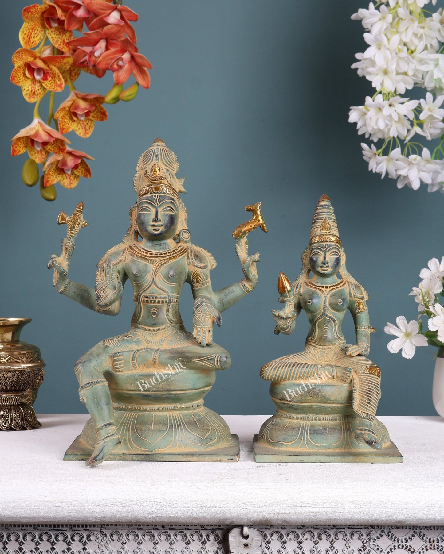 Brass Lord Shiva and Parvati Idols majestic idols | 11.5 Inch Green - Budhshiv.com