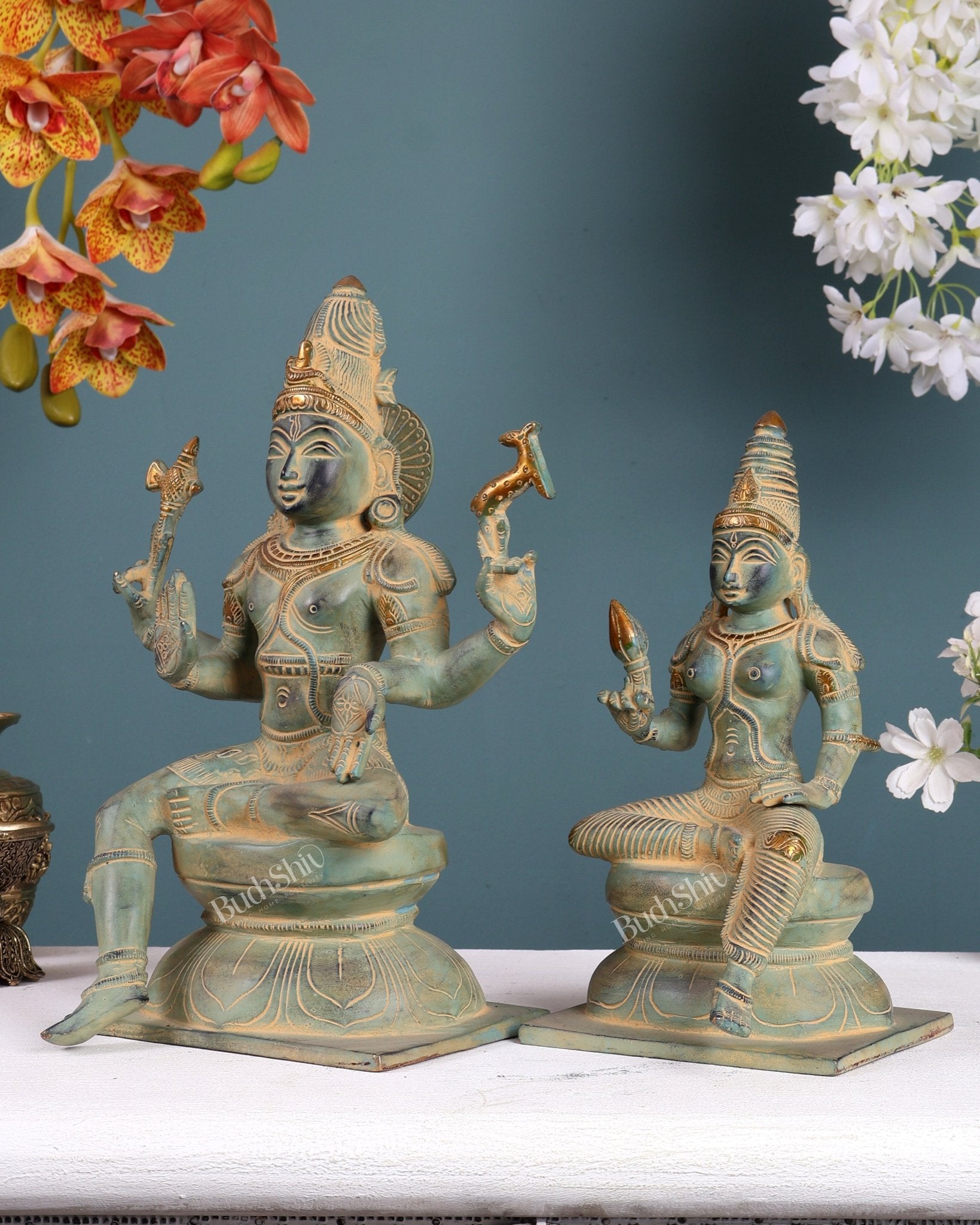 Brass Lord Shiva and Parvati Idols majestic idols | 11.5 Inch Green - Budhshiv.com