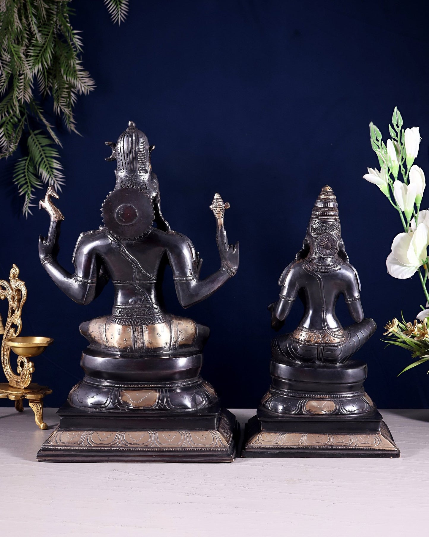 Brass Lord Shiva and Parvati Seated Idols 14.5" black and gold - Budhshiv.com