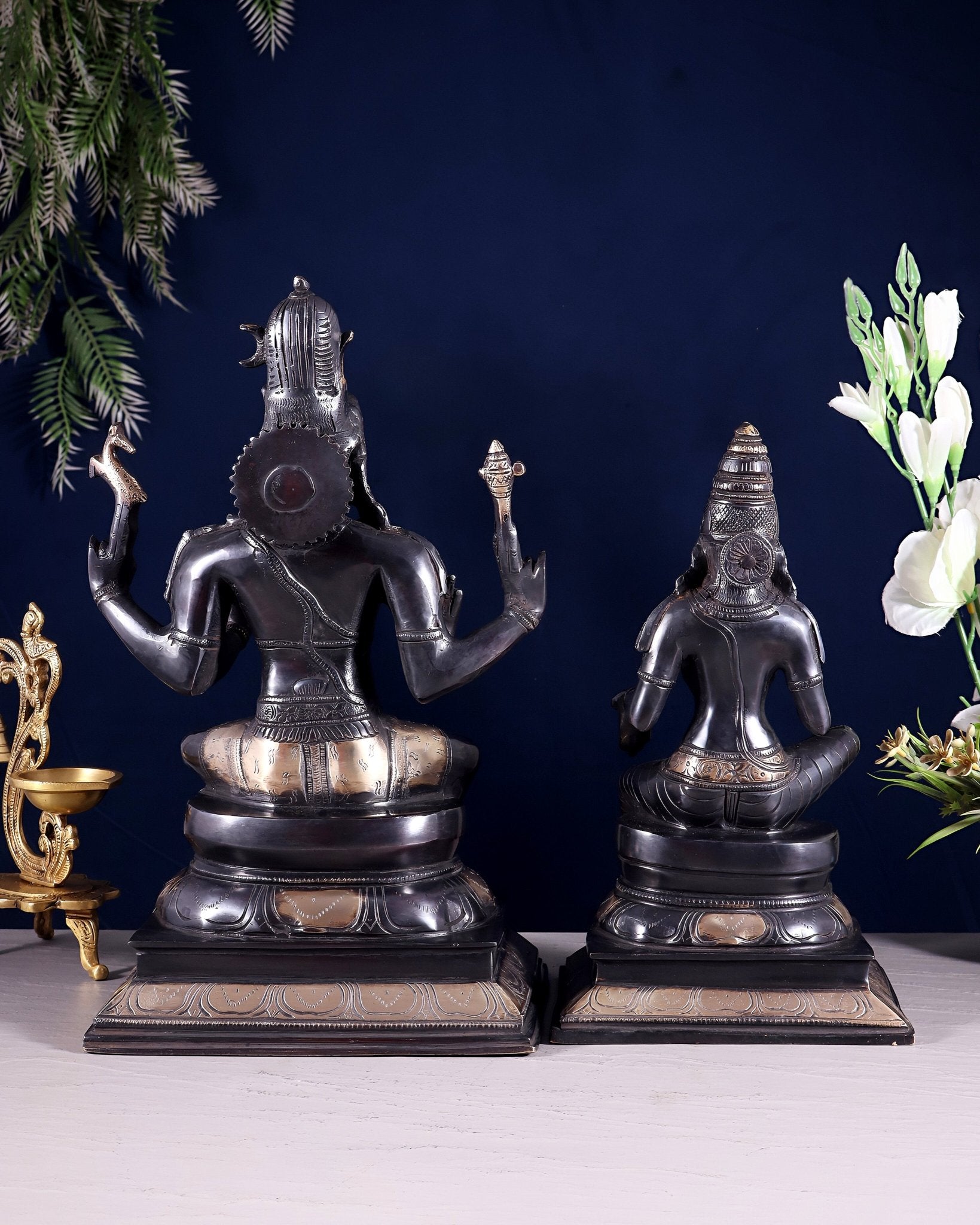 Brass Lord Shiva and Parvati Seated Idols 14.5" black and gold - Budhshiv.com
