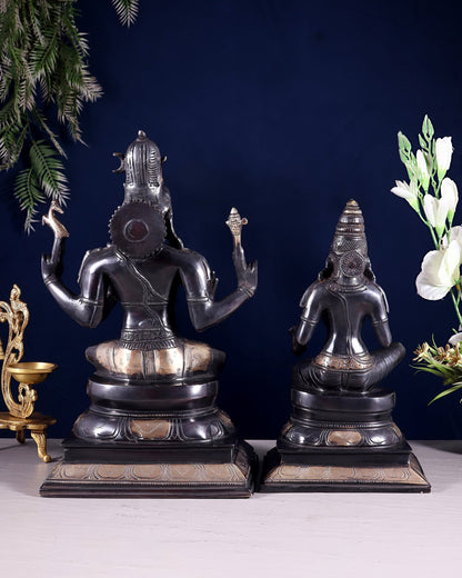 Brass Lord Shiva and Parvati Seated Idols 14.5" black and gold - Budhshiv.com