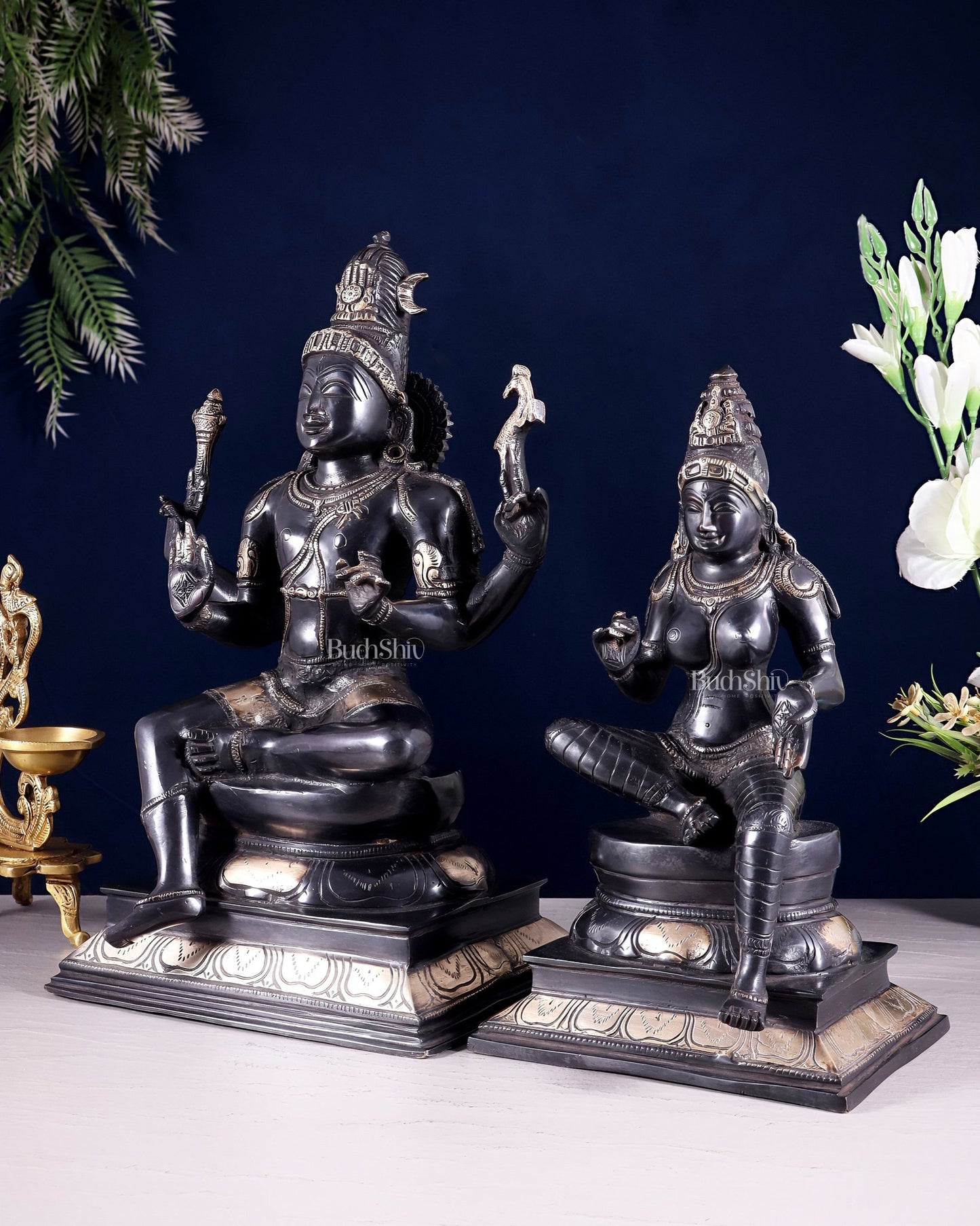 Brass Lord Shiva and Parvati Seated Idols 14.5" black and gold - Budhshiv.com