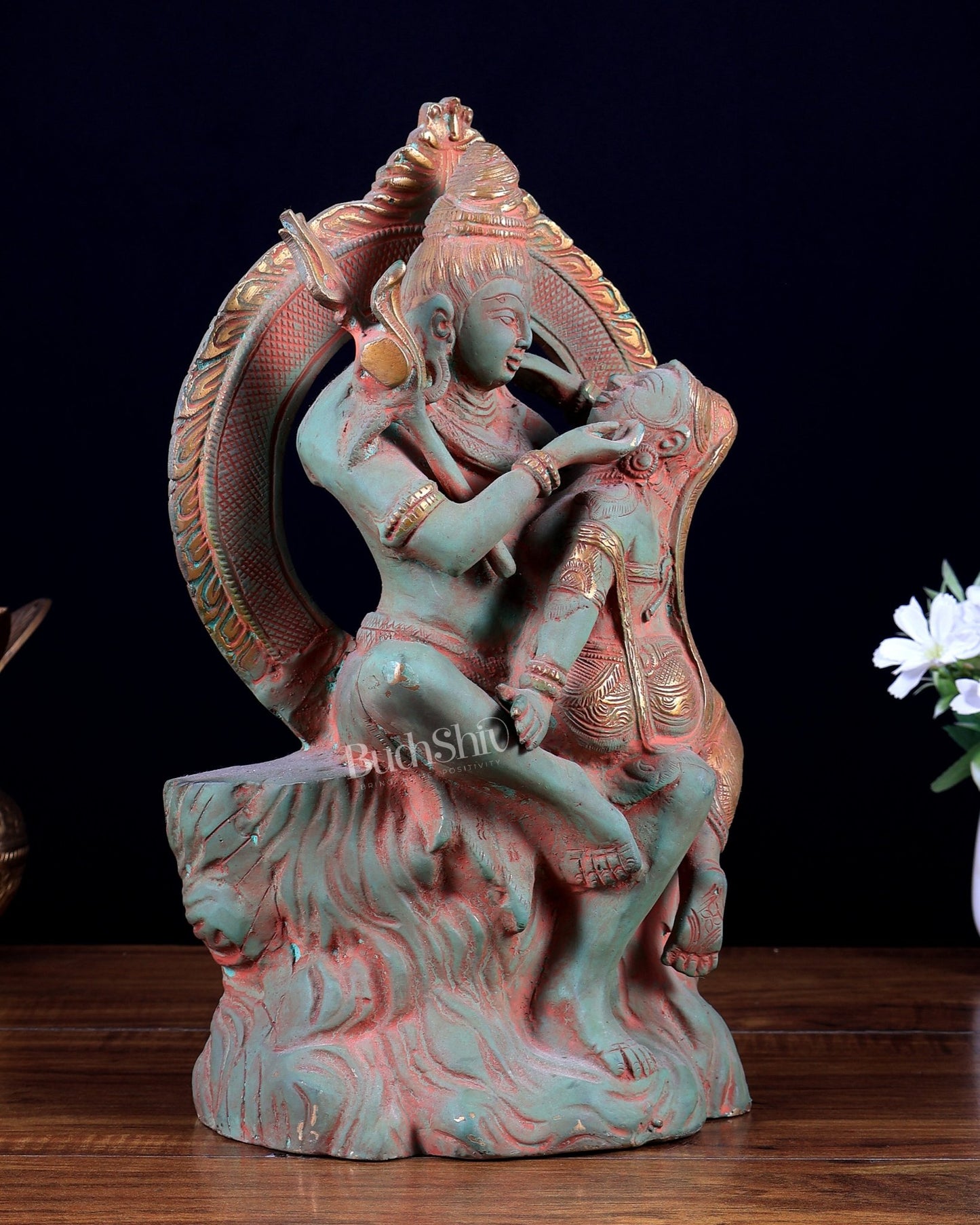 Brass Lord Shiva and Parvati Statue | Antique Green Patina | 12.7" - Budhshiv.com