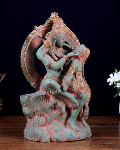 Brass Lord Shiva and Parvati Statue | Antique Green Patina | 12.7" - Budhshiv.com