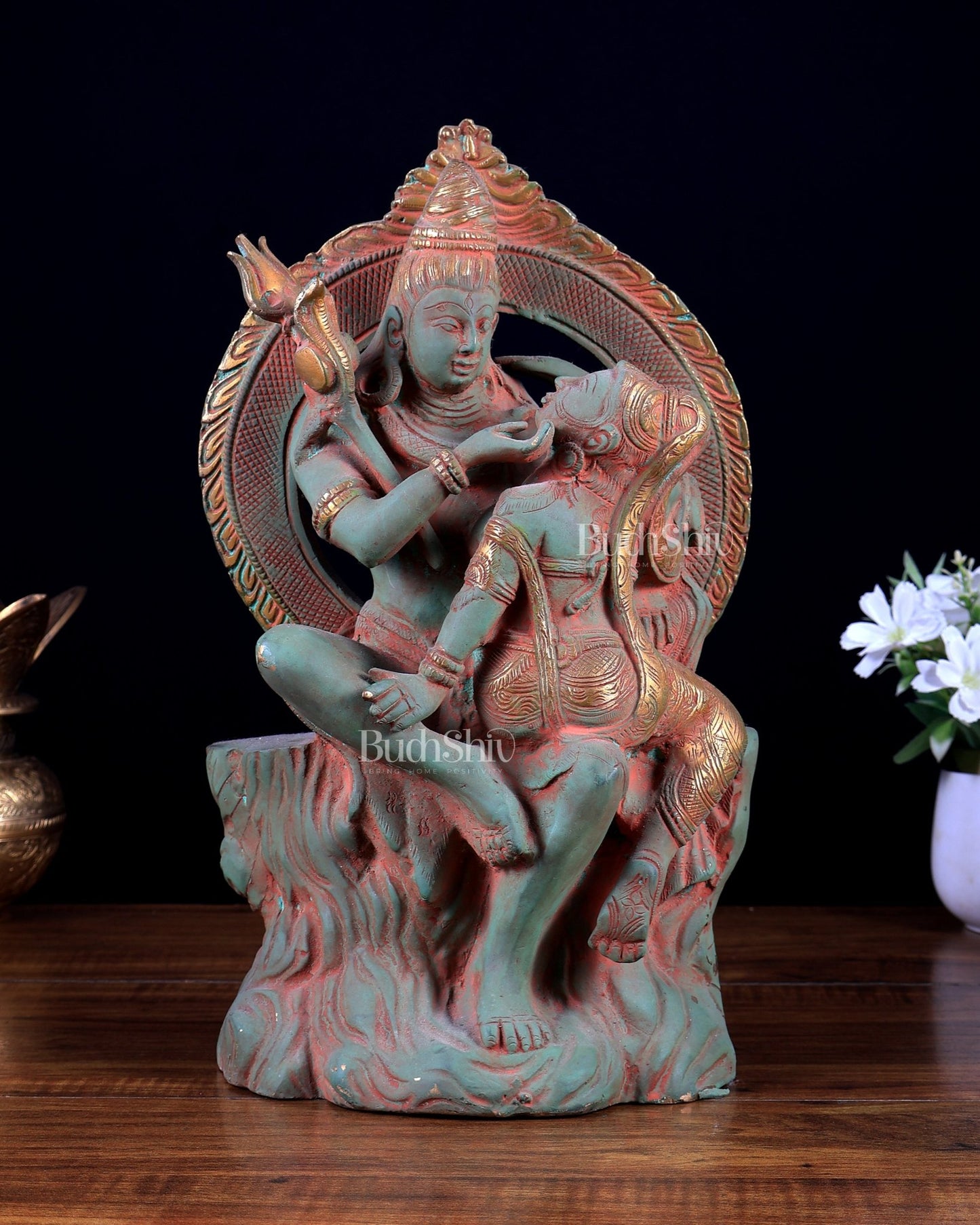 Brass Lord Shiva and Parvati Statue | Antique Green Patina | 12.7" - Budhshiv.com