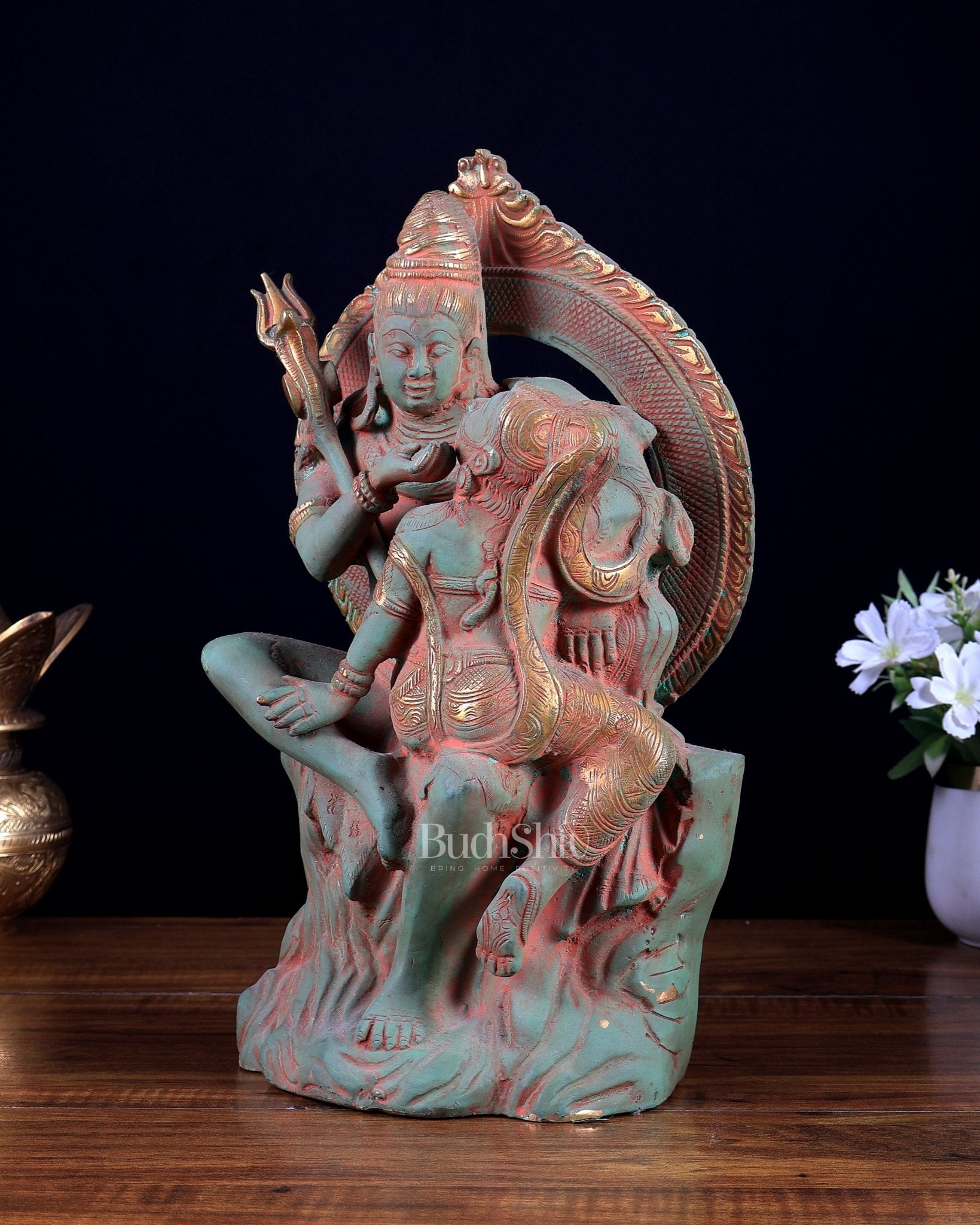 Brass Lord Shiva and Parvati Statue | Antique Green Patina | 12.7" - Budhshiv.com
