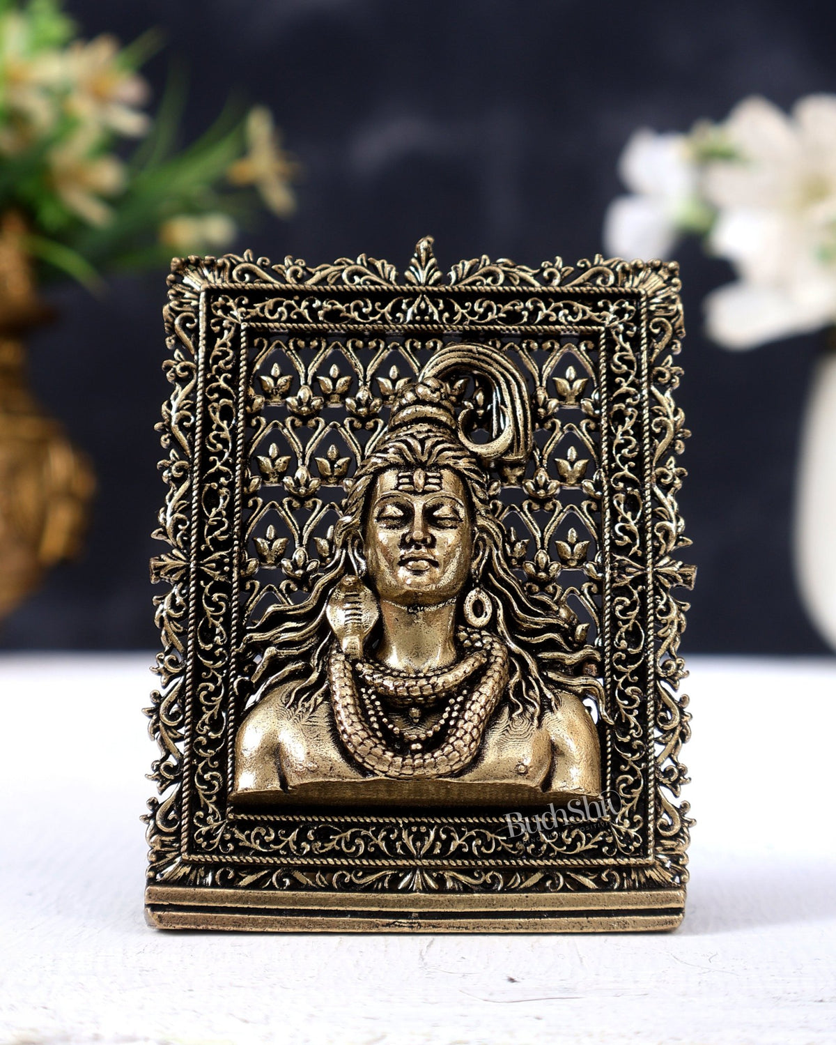 Brass Lord Shiva Face Bust Car Dashboard Idol | Mahadev Mukhalinga Statue for Car, Home & Office - Budhshiv.com