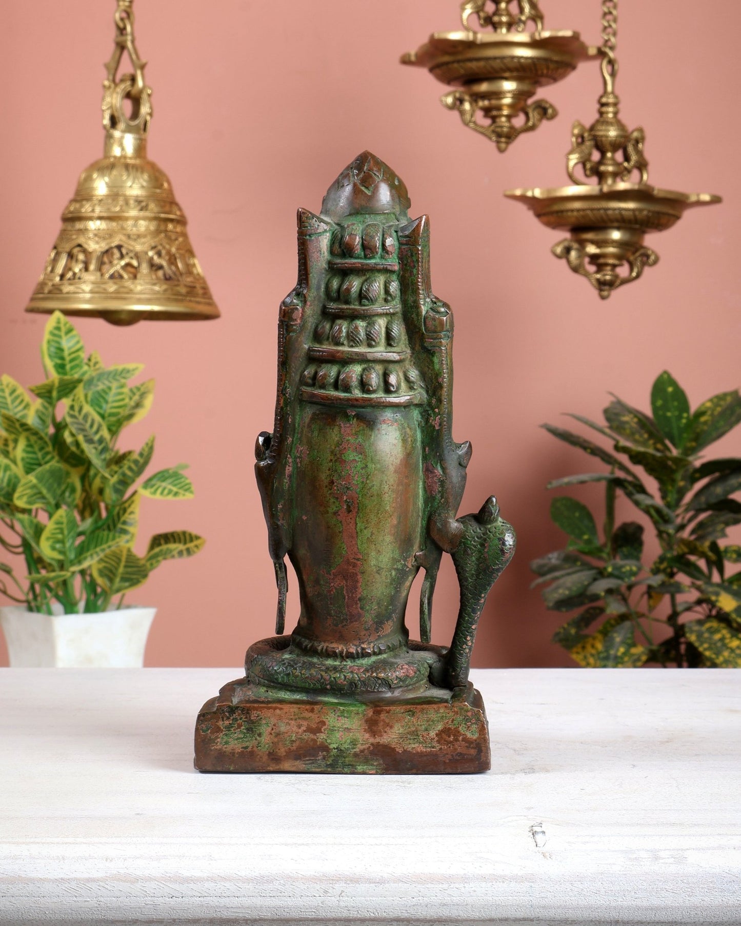 Brass Lord Shiva Face Bust Statue - Vintage Green Finish, 9" - Budhshiv.com